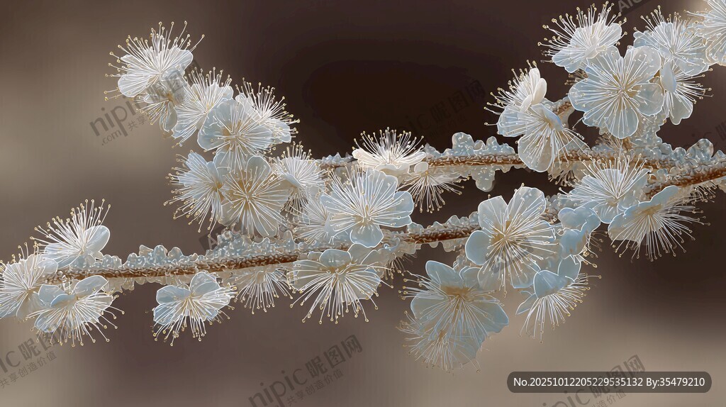 白色绒花枝条特写