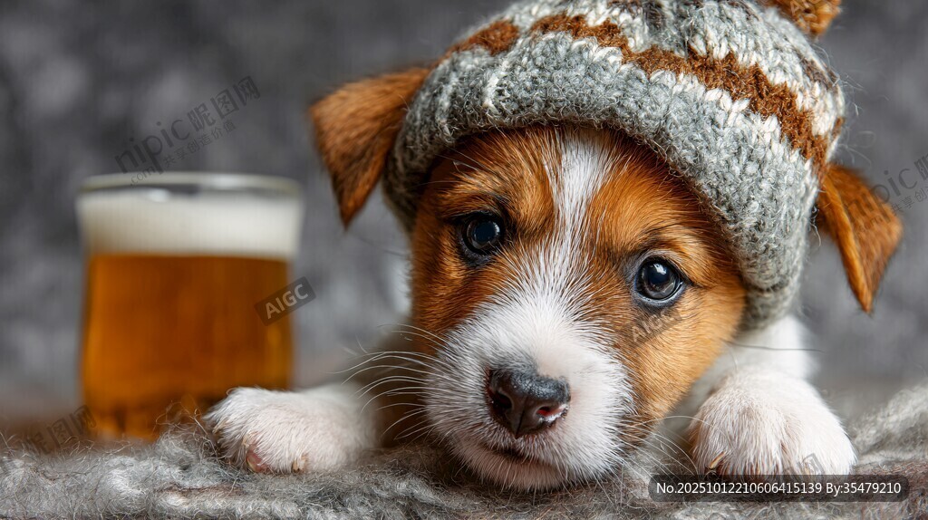 戴帽萌犬与啤酒的温馨一刻