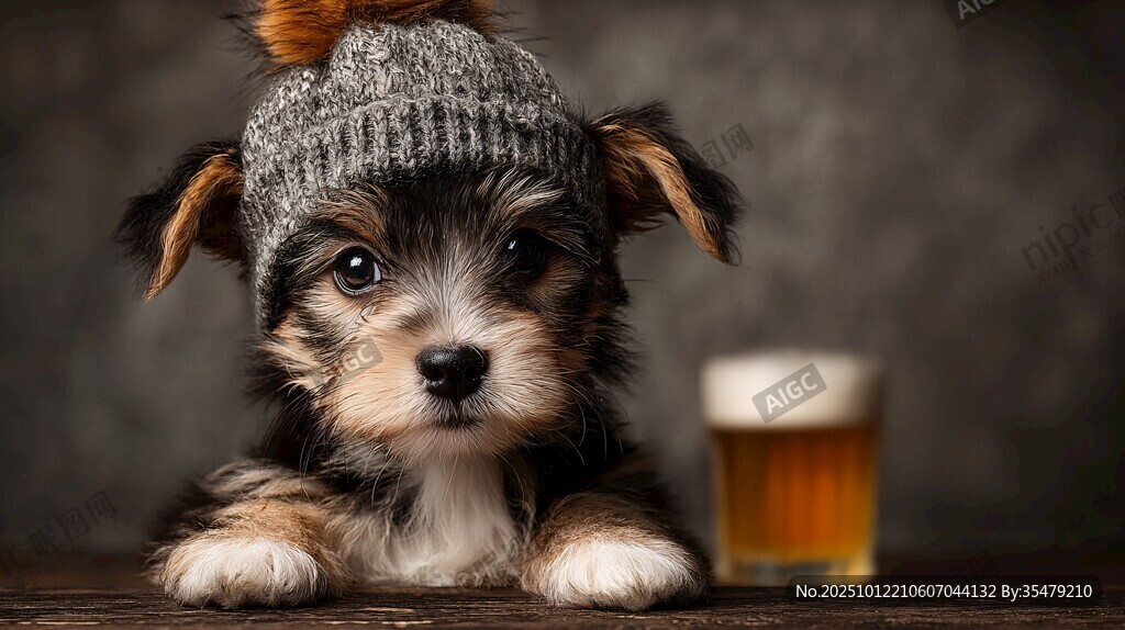 戴帽萌犬与啤酒的温馨画面