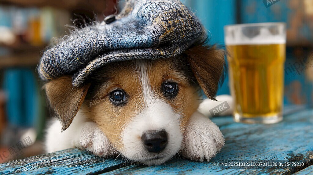 戴帽萌犬趴桌旁