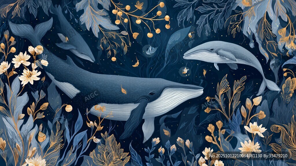 深海梦幻鲸鱼与花卉图景