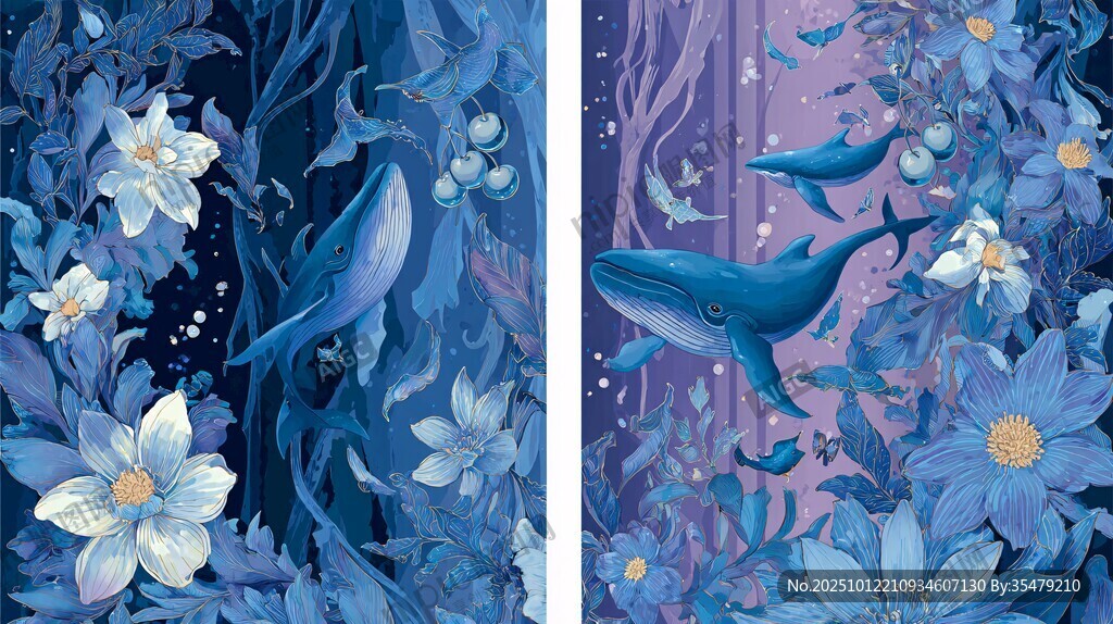 梦幻蓝紫花卉鲸鱼插画世界