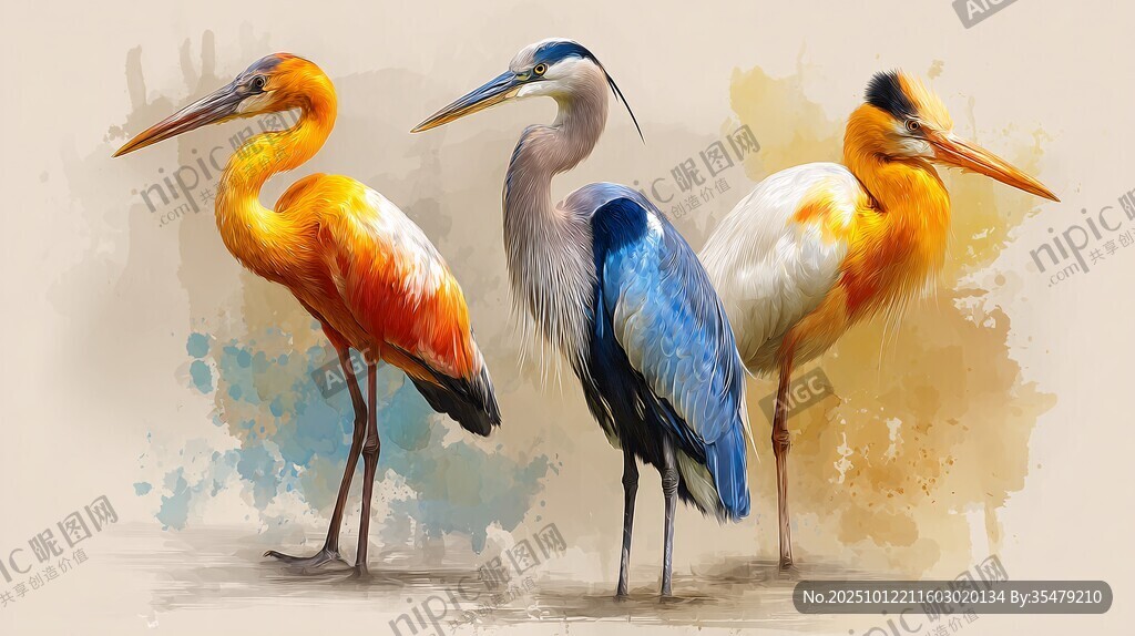 水彩绘三只鹭鸟优雅姿态