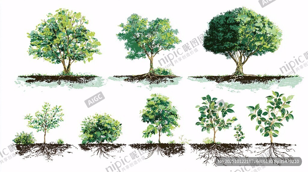 多样树木植物插画展示
