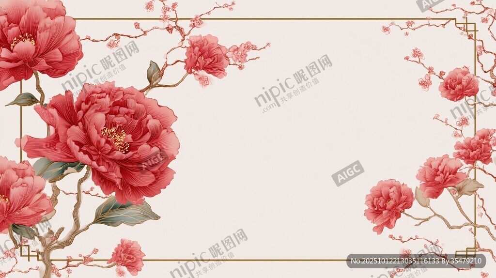 中式牡丹花卉边框背景图