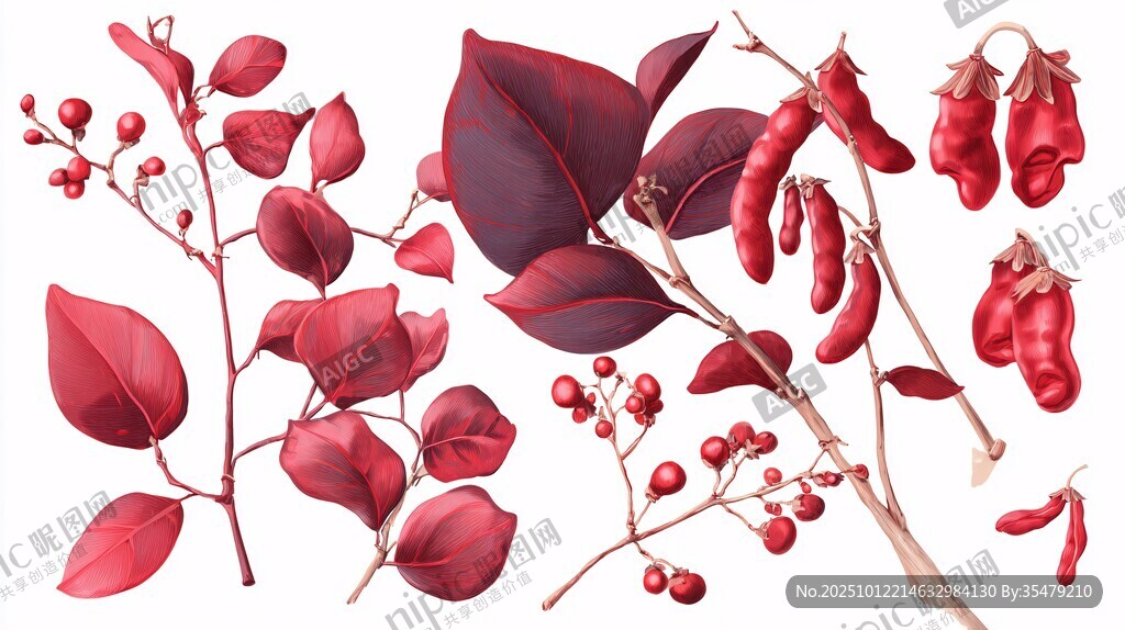 深红植物枝叶果实插画