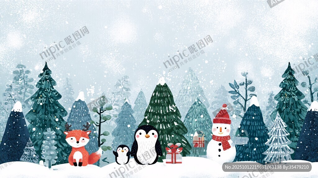 冬日森林里的动物与雪人