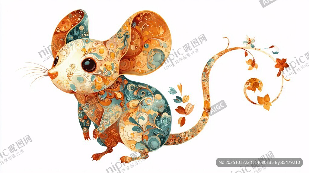 多彩花纹小老鼠插画