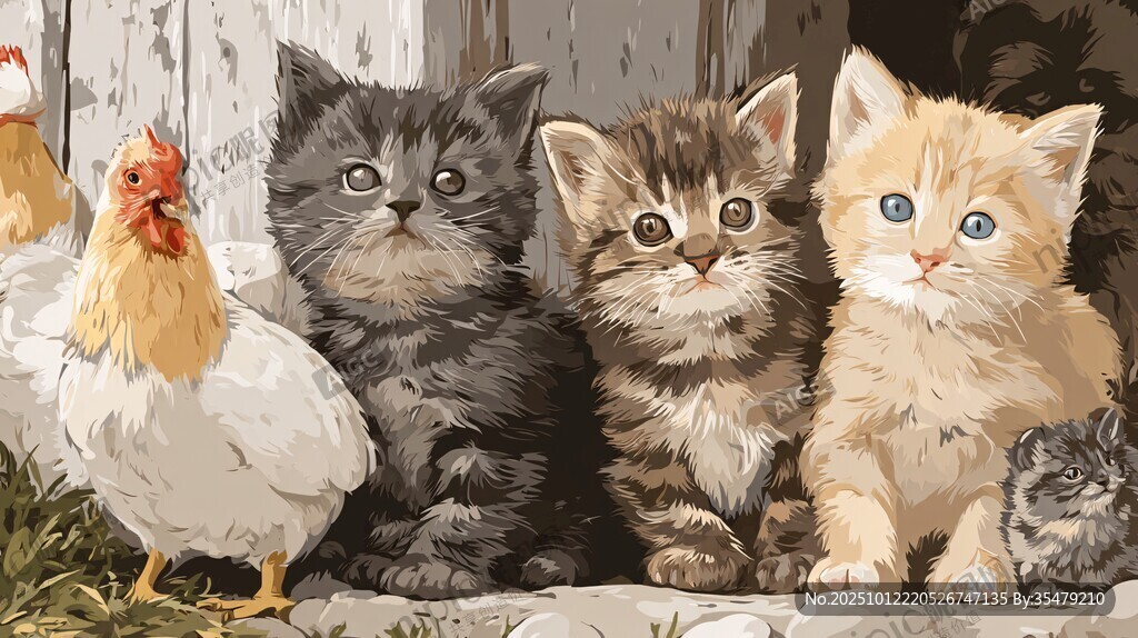 小猫与鸡的温馨同框