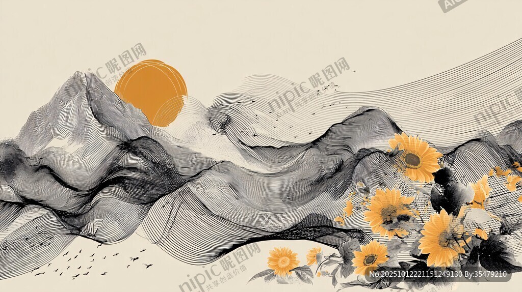 水墨山水间的灿烂向日葵