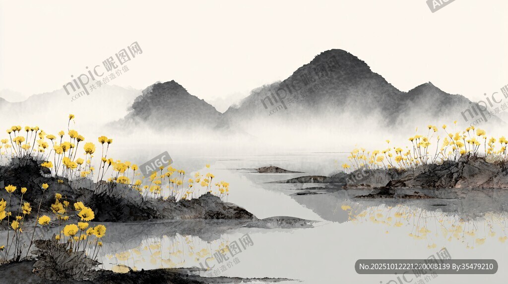 水墨湖畔黄花映远山