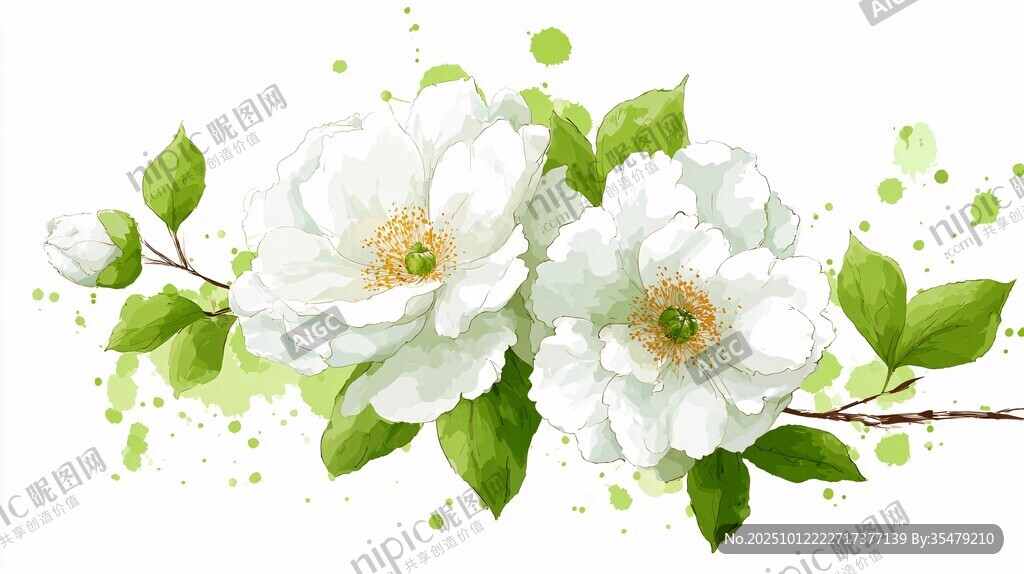 白色花卉水彩插画