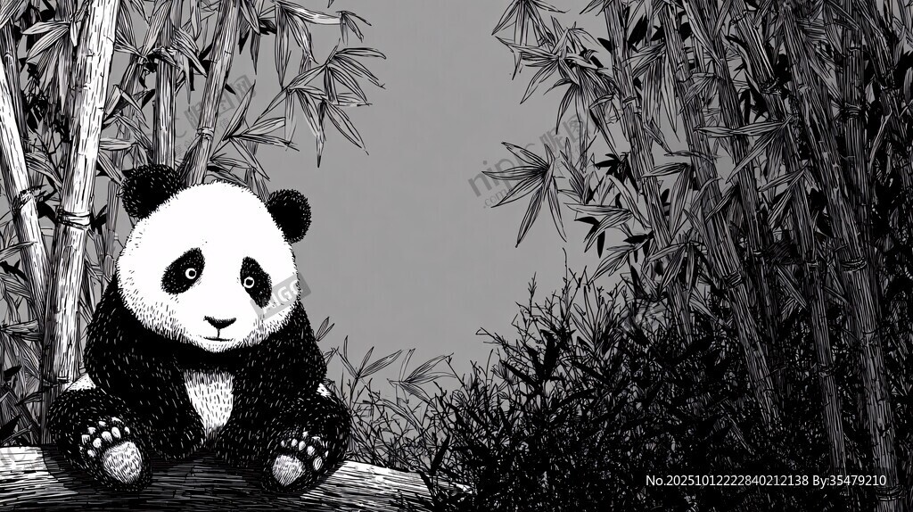 熊猫坐于竹林间黑白插画
