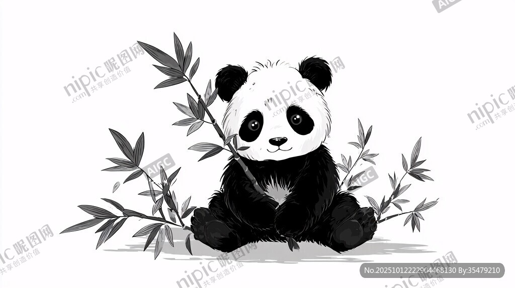 熊猫抱竹 黑白萌趣插画
