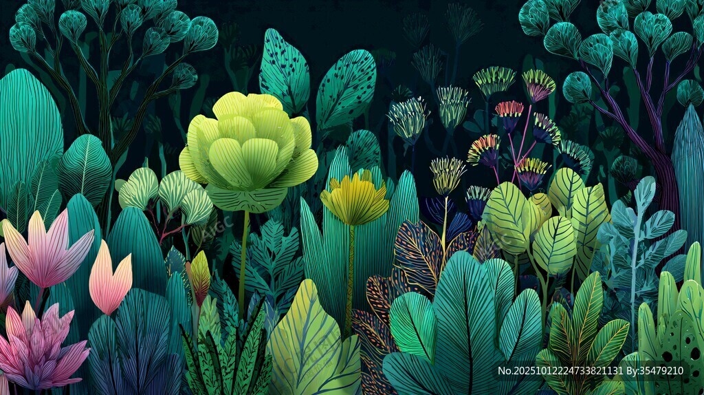 梦幻绿植丛林插画景观