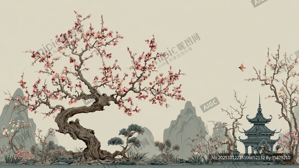 古风梅花山水景致图