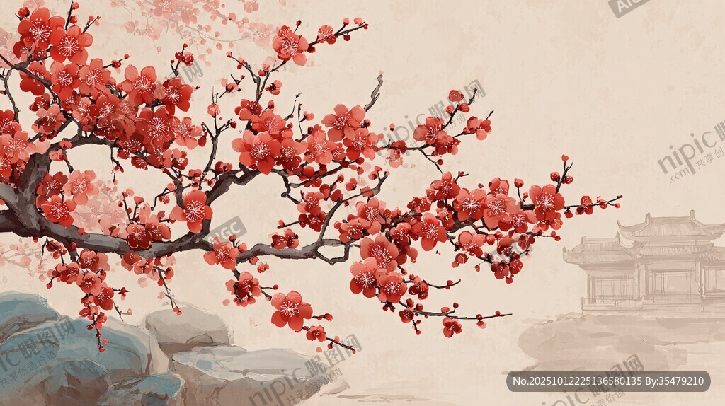 红梅绽景 古韵悠然