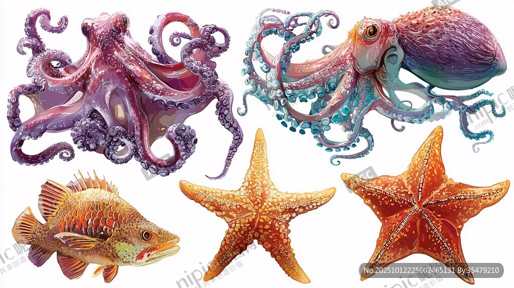 海洋生物插画 章鱼海星鱼类