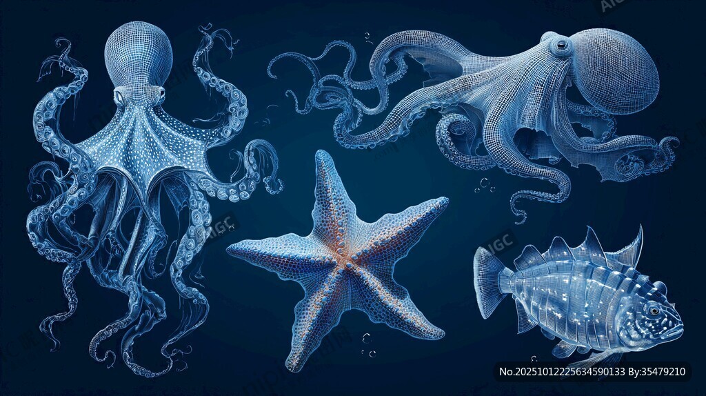 海洋生物插画 章鱼海星等