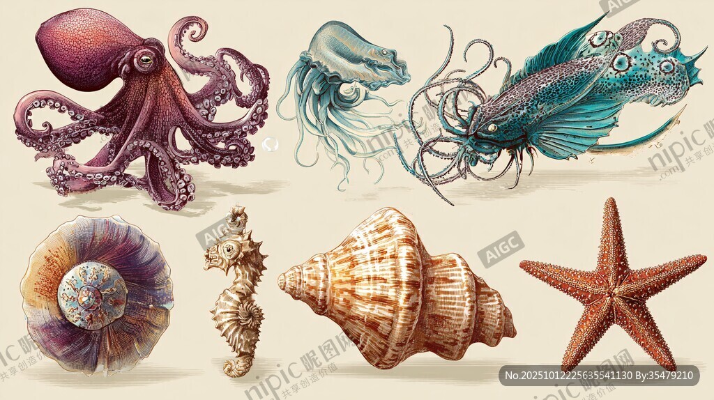 海洋生物与贝壳精美插画