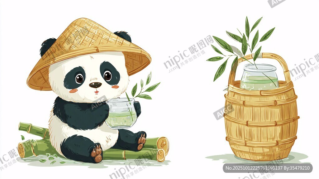 戴斗笠熊猫与竹桶翠竹