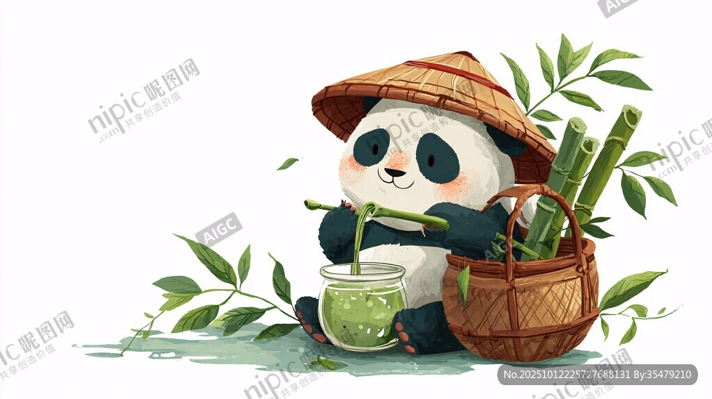 戴斗笠熊猫享美味竹子