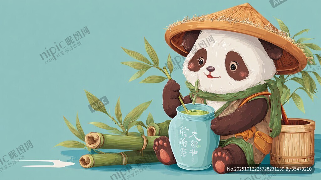 戴斗笠喝凉茶的可爱熊猫