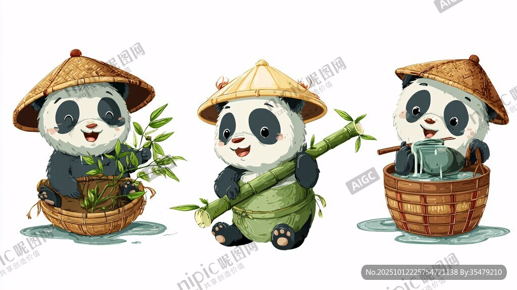 三只戴斗笠的可爱熊猫