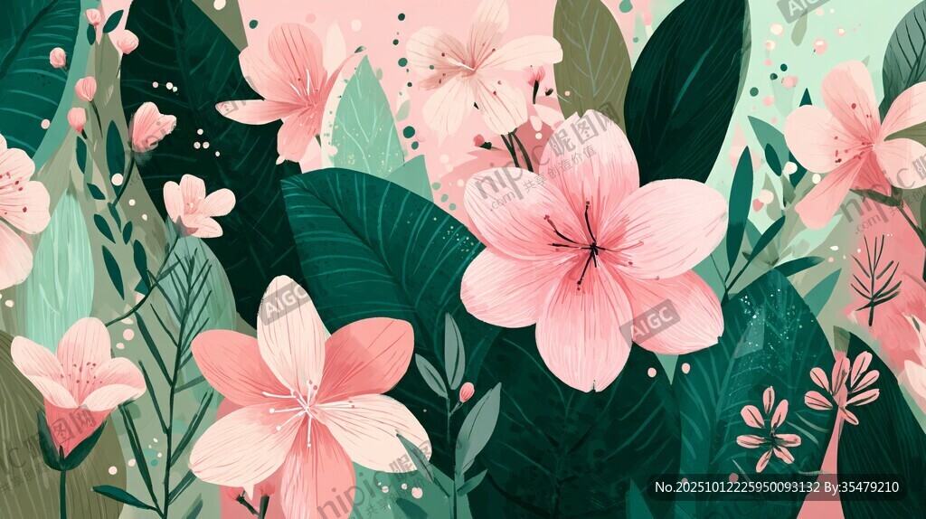 粉色花卉绿叶清新插画
