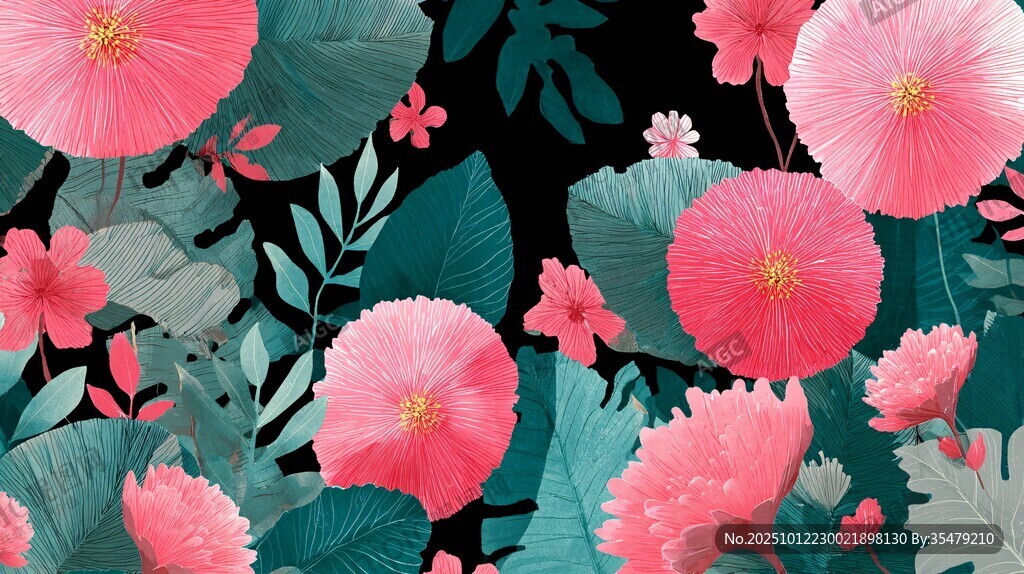 梦幻粉色花卉绿叶图案