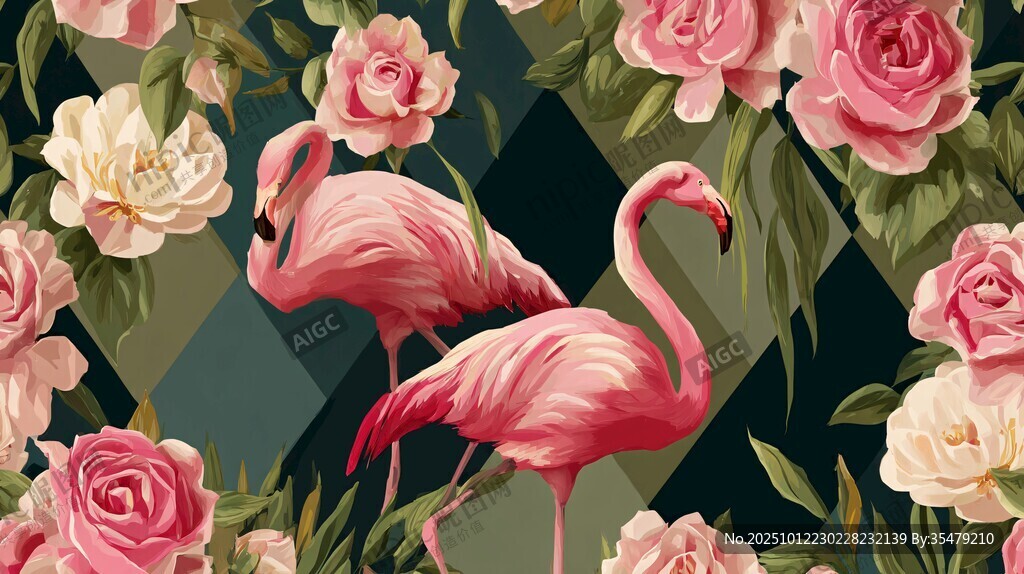 火烈鸟与花卉的梦幻图案