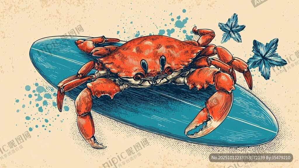 螃蟹惬意趴冲浪板上