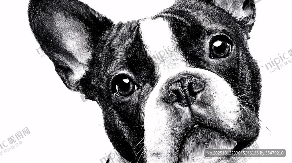 可爱法斗犬的黑白肖像画