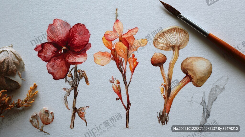 花卉蘑菇水彩手绘作品
