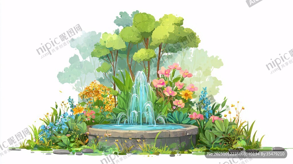 梦幻花园中的喷泉景观