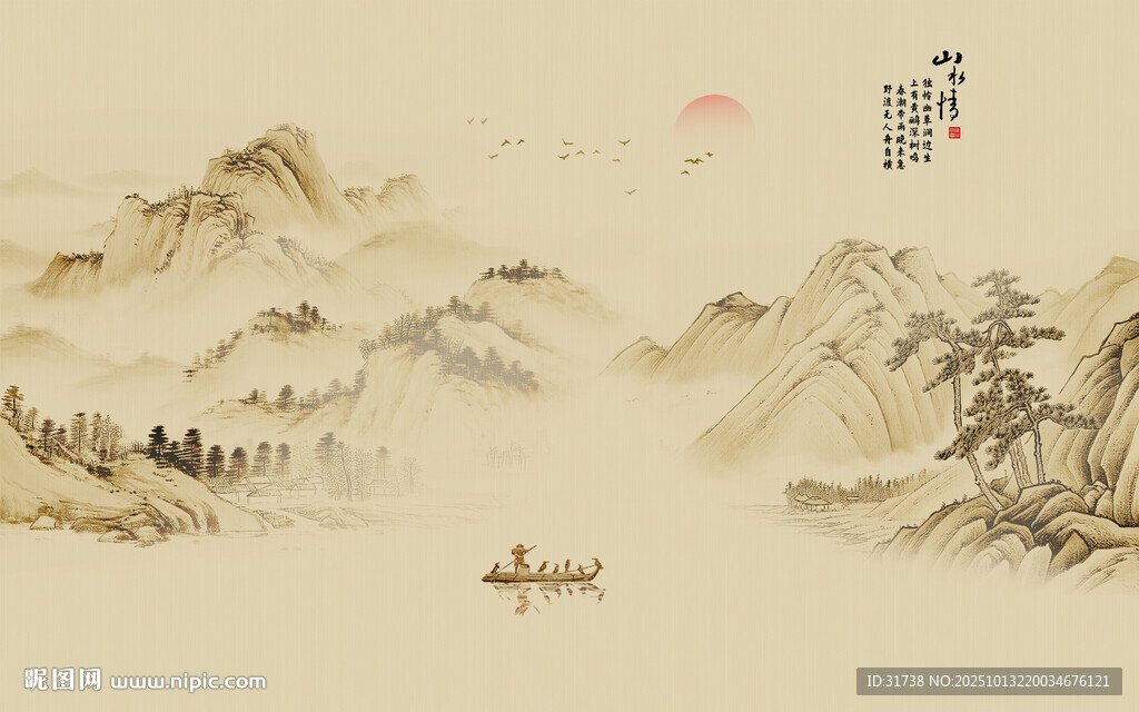 古风山水画背景墙壁画
