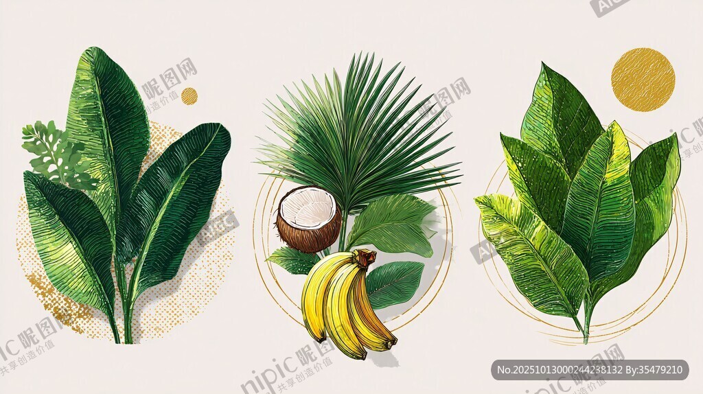 热带植物与水果插画展示