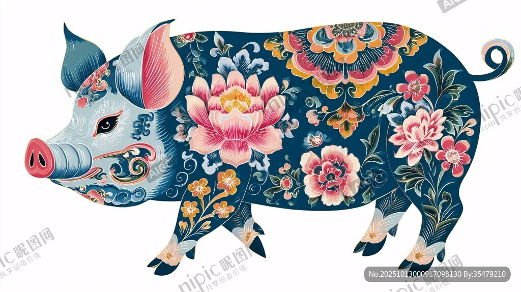 蓝底繁花猪图案插画