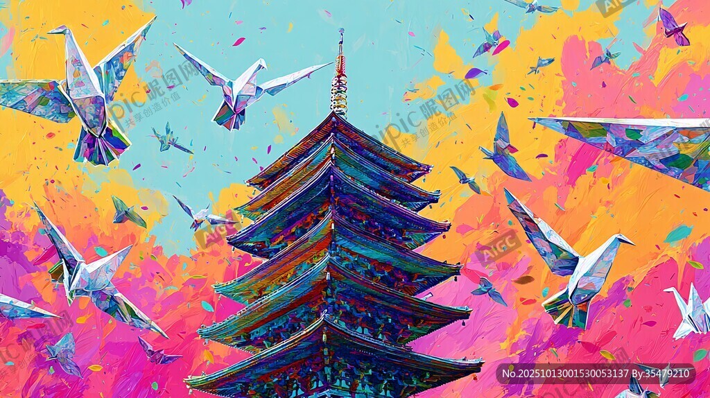 彩色飞鸟环绕下的宝塔