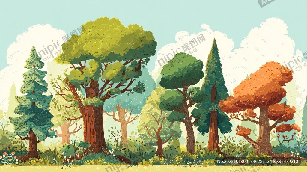 梦幻多彩森林风景插画