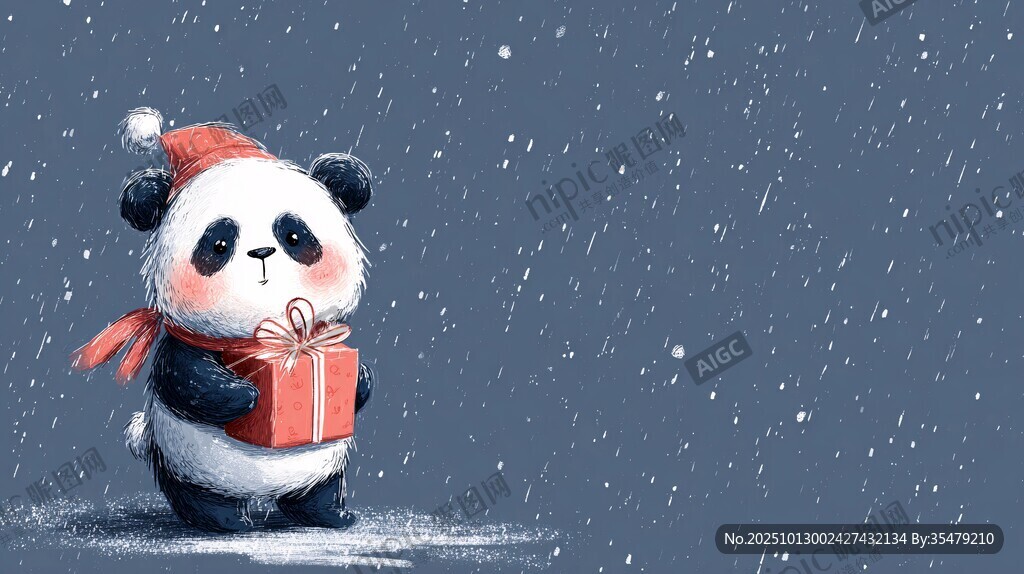 戴帽熊猫雪中持礼品盒