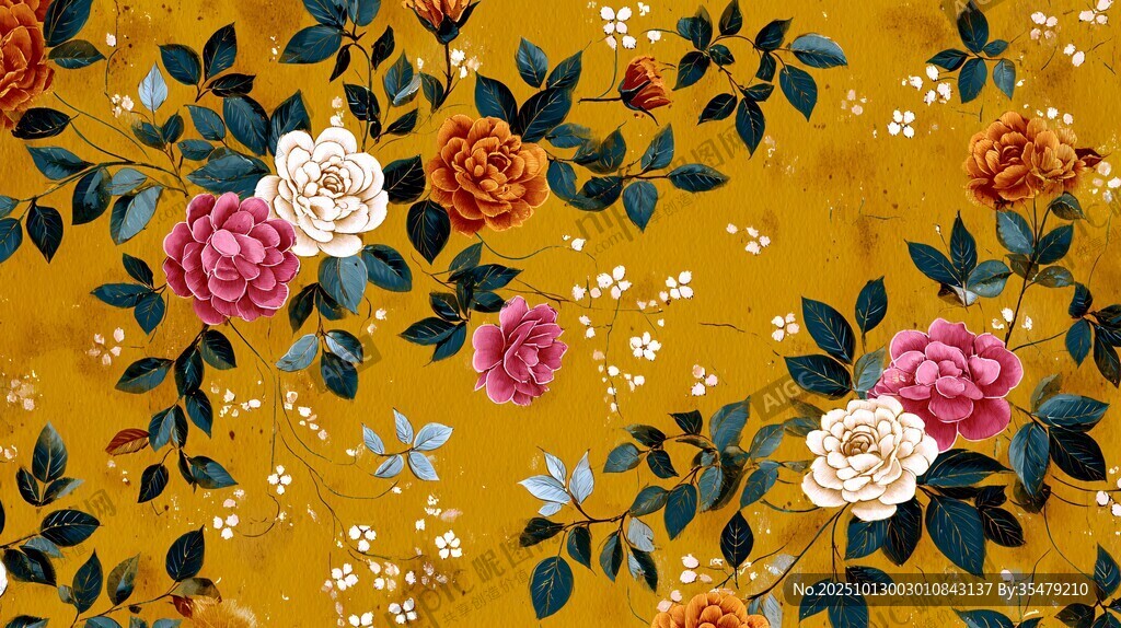 金黄底繁花锦簇花卉图案