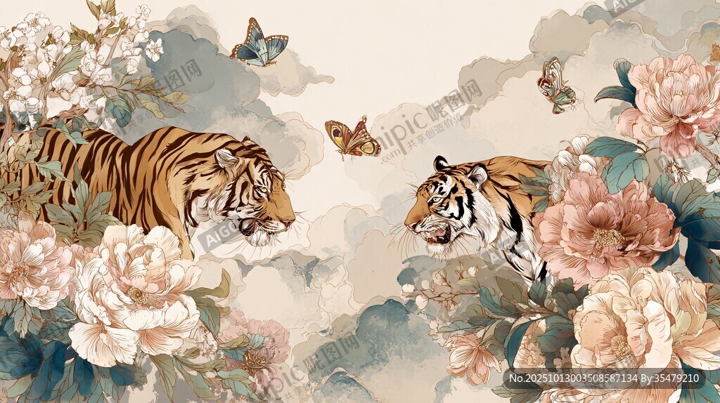 双虎戏蝶伴繁花图