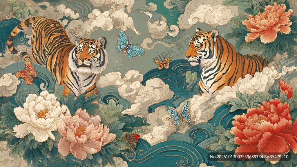 双虎戏花图