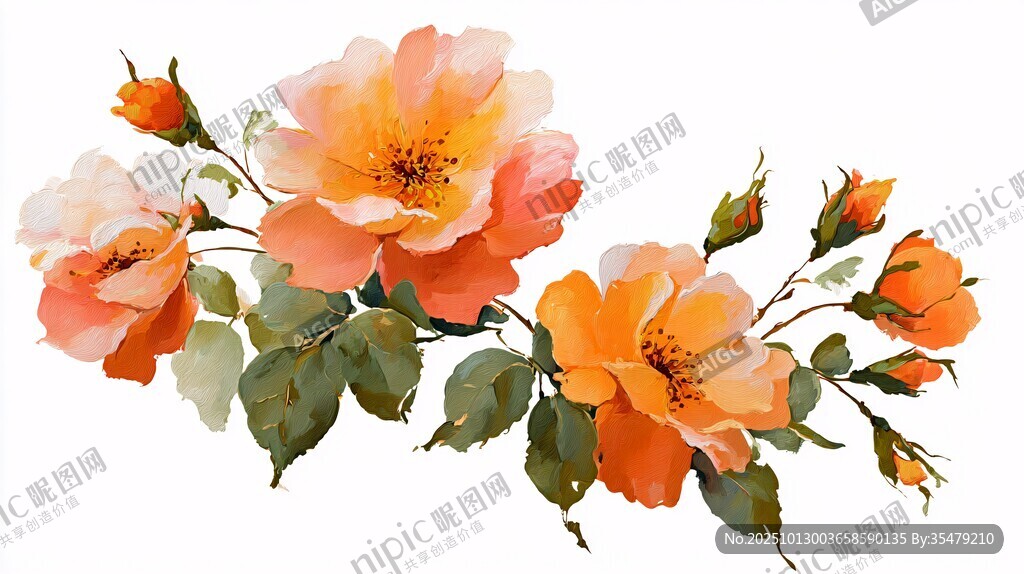 橙粉蔷薇花枝插画