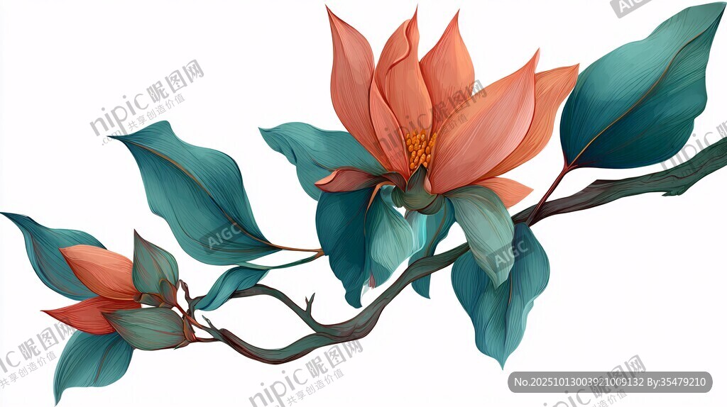 橙红玉兰枝 清新插画风