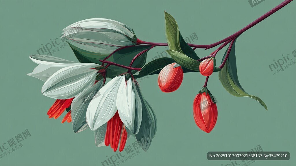 银铃红果花枝插画