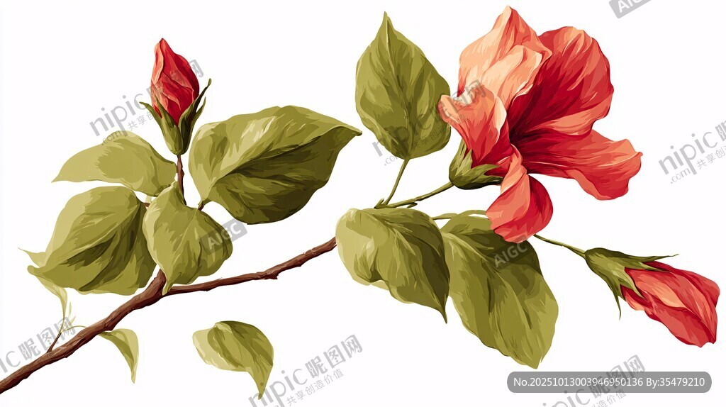娇艳木槿花枝插画