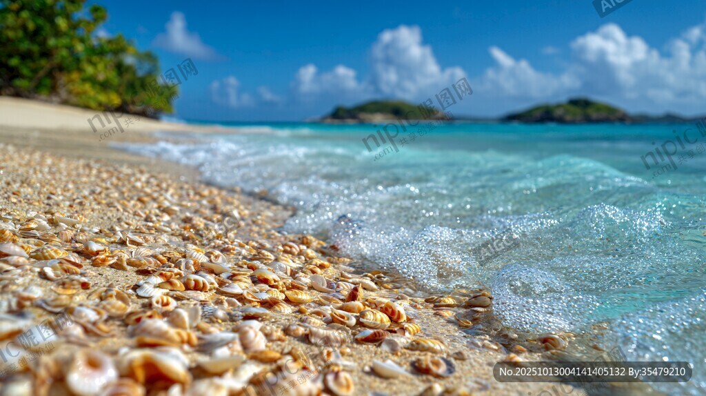 贝壳沙滩 海浪轻吻海岸线