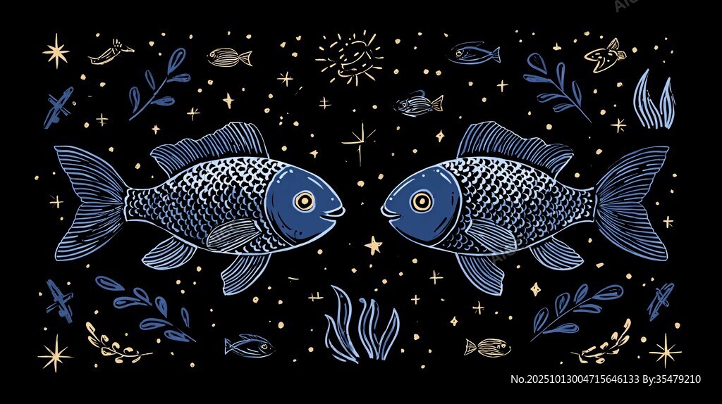 深海双鱼梦幻星空插画